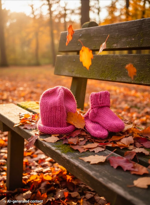 Pink knit newborn hat and booties set on a bench with autumn leaves