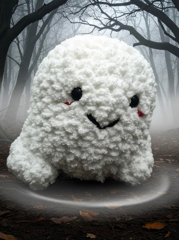 Mini white plush yarn ghost with dark eyes, a smile, and rosy cheeks
