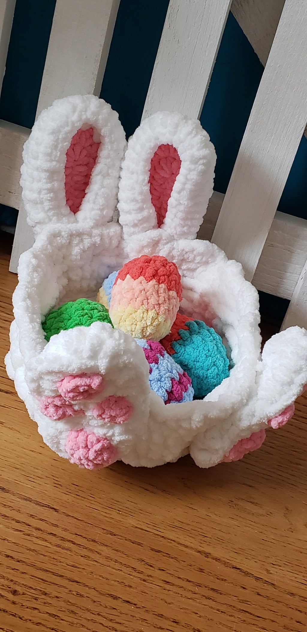 White crochet Easter bunny basket with bunny face and ears - main front view