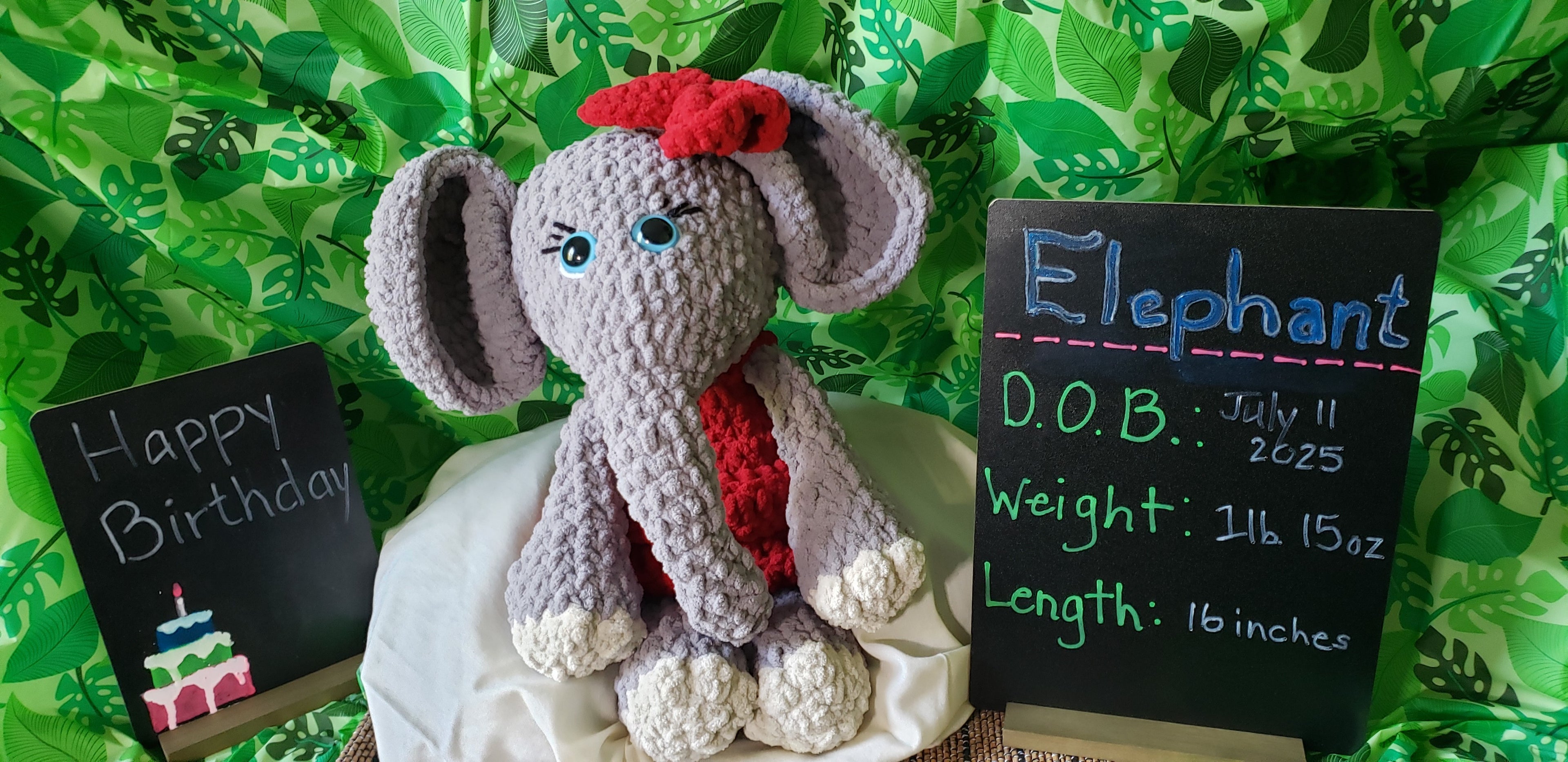 Crocheted elephant plushie birth announcement - Elephant, DOB July 11 2025, 1lb 15oz, 16 inches