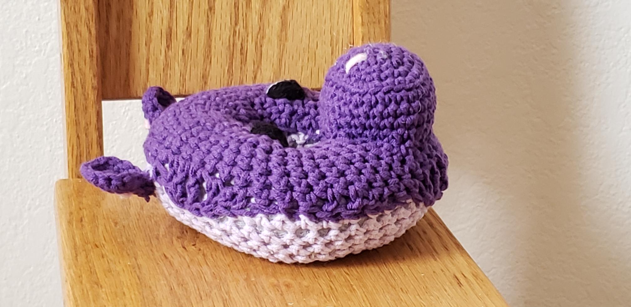 Crochet hippo donut plushie - profile view