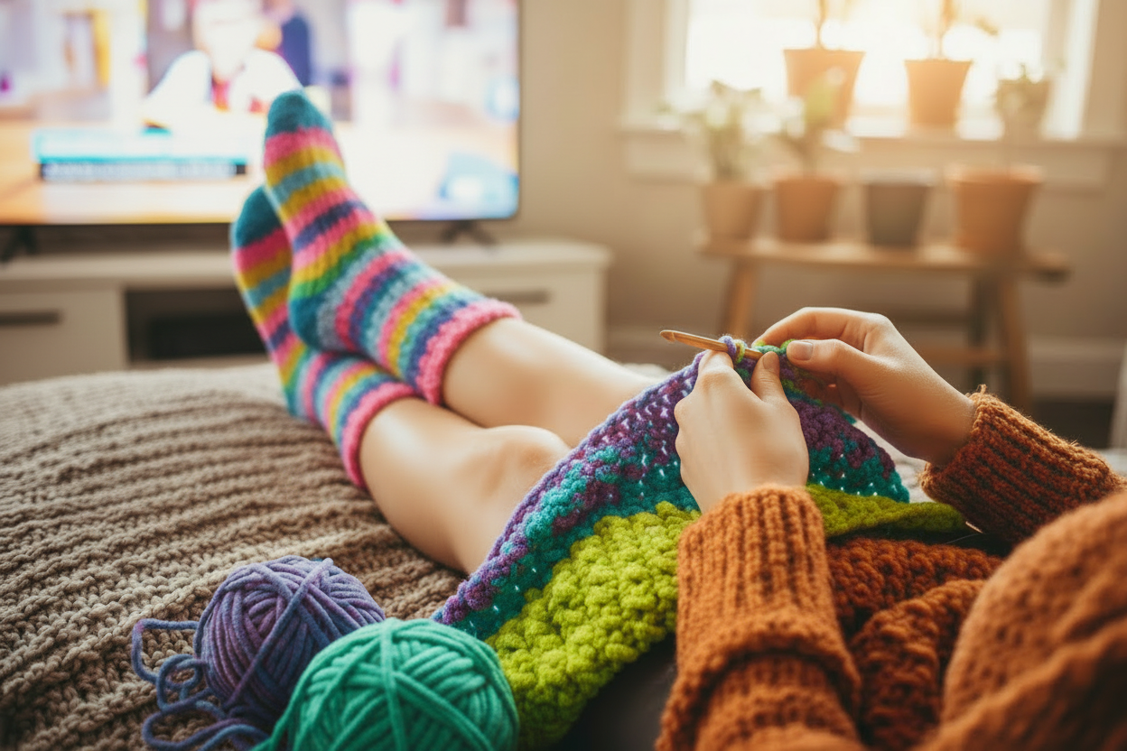 Cozy crocheting feet up with soda and TV in background