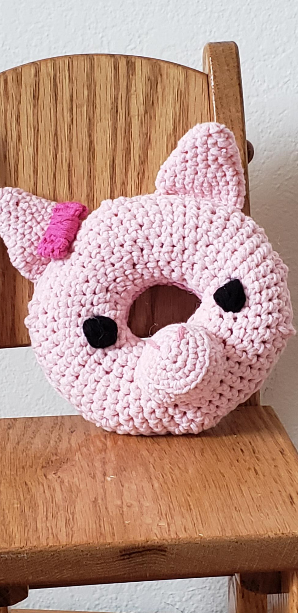 Crochet pig donut plushie - front view